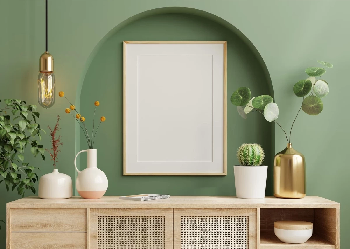 tablou pe consola de lemn cu peretii vopsiti verde